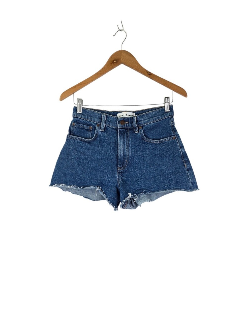 DENIM FORUM '50s Arlo Hi Rise‎ Denim Shorts Classic Cut Off Raw Hem Womens Sz 27